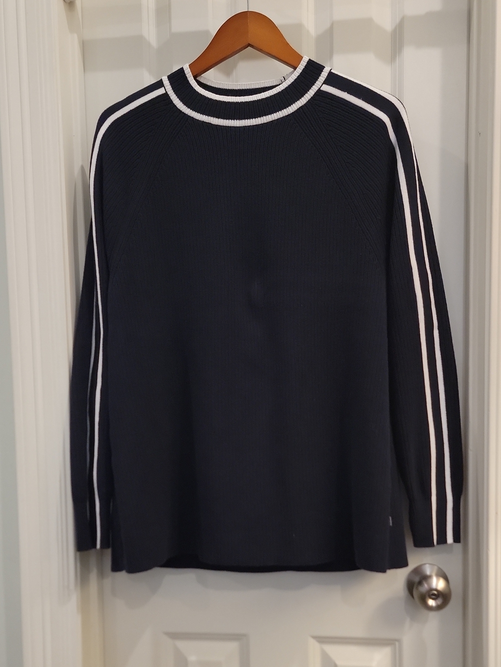 Talbots Navy Crewneck Sweater with White Stripe Detail